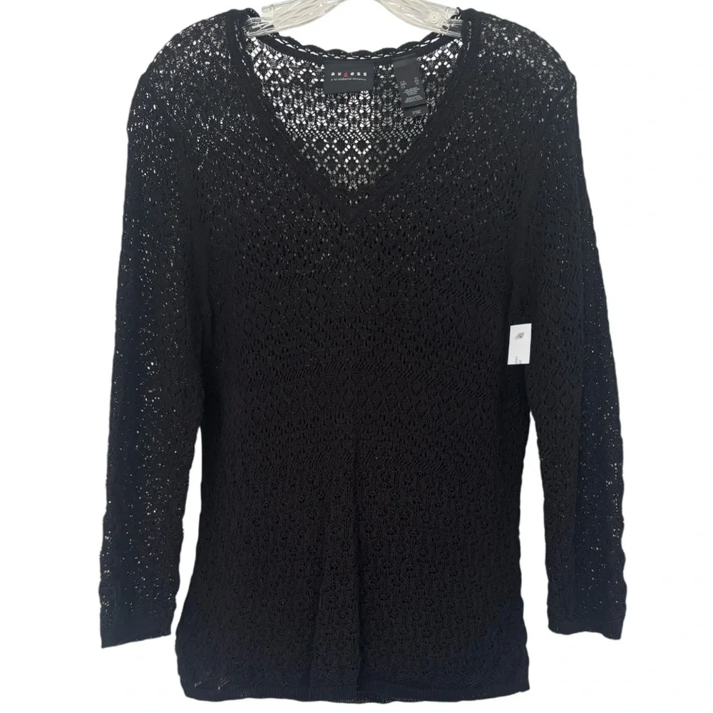 Vintage Y2K Sweater Open Knit Floral Ruffle Black Lace Fairycore 2000s Size XL
